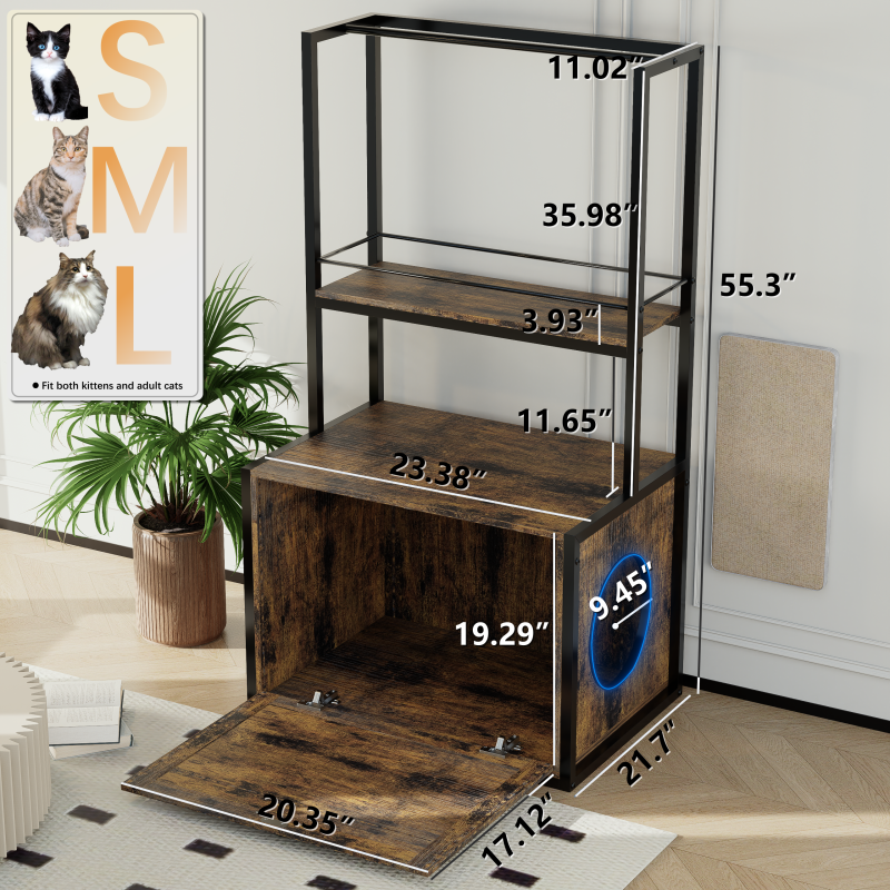 Rustic Brown Litter Box Cabinet for Home with Shelves & Rods