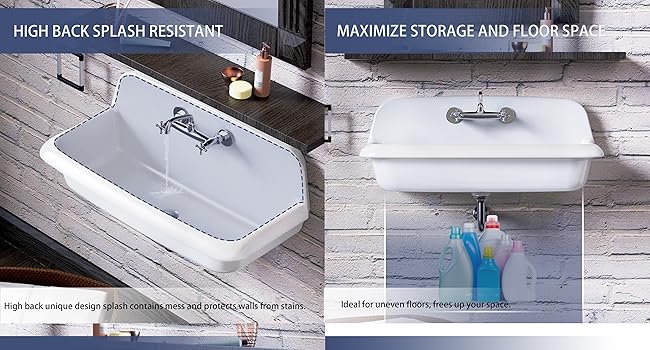 ELLAI Farmhouse Wall-Mount Laundry Sink, 36-Inch High-Back