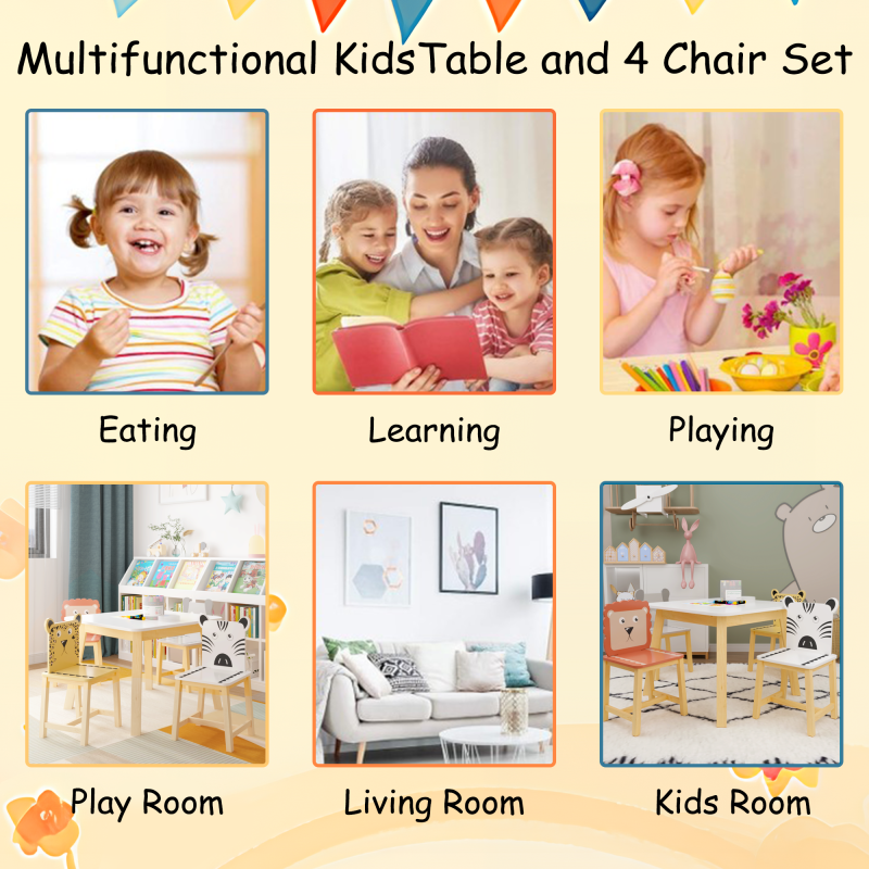 Playful Playroom Kids Table & 4 Animal Chairs, Spacious Top