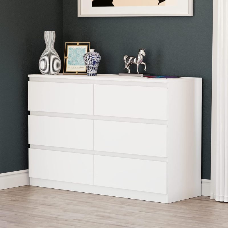 Modern 6-Drawer Double Dresser for Bedroom, Sleek White