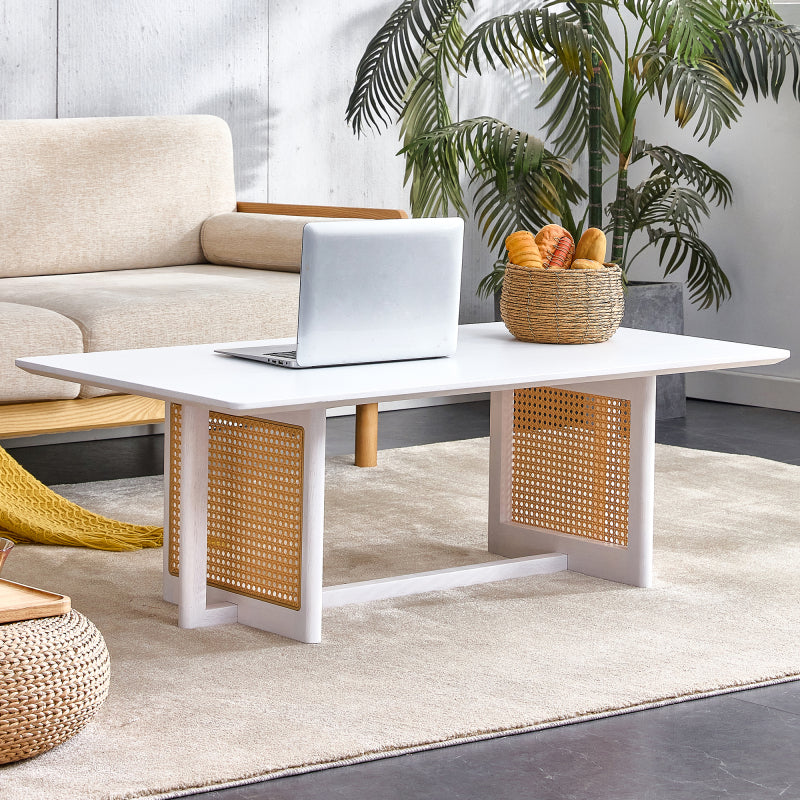 Asian-Style White Solid Wood Coffee Table, Faux Rattan Legs