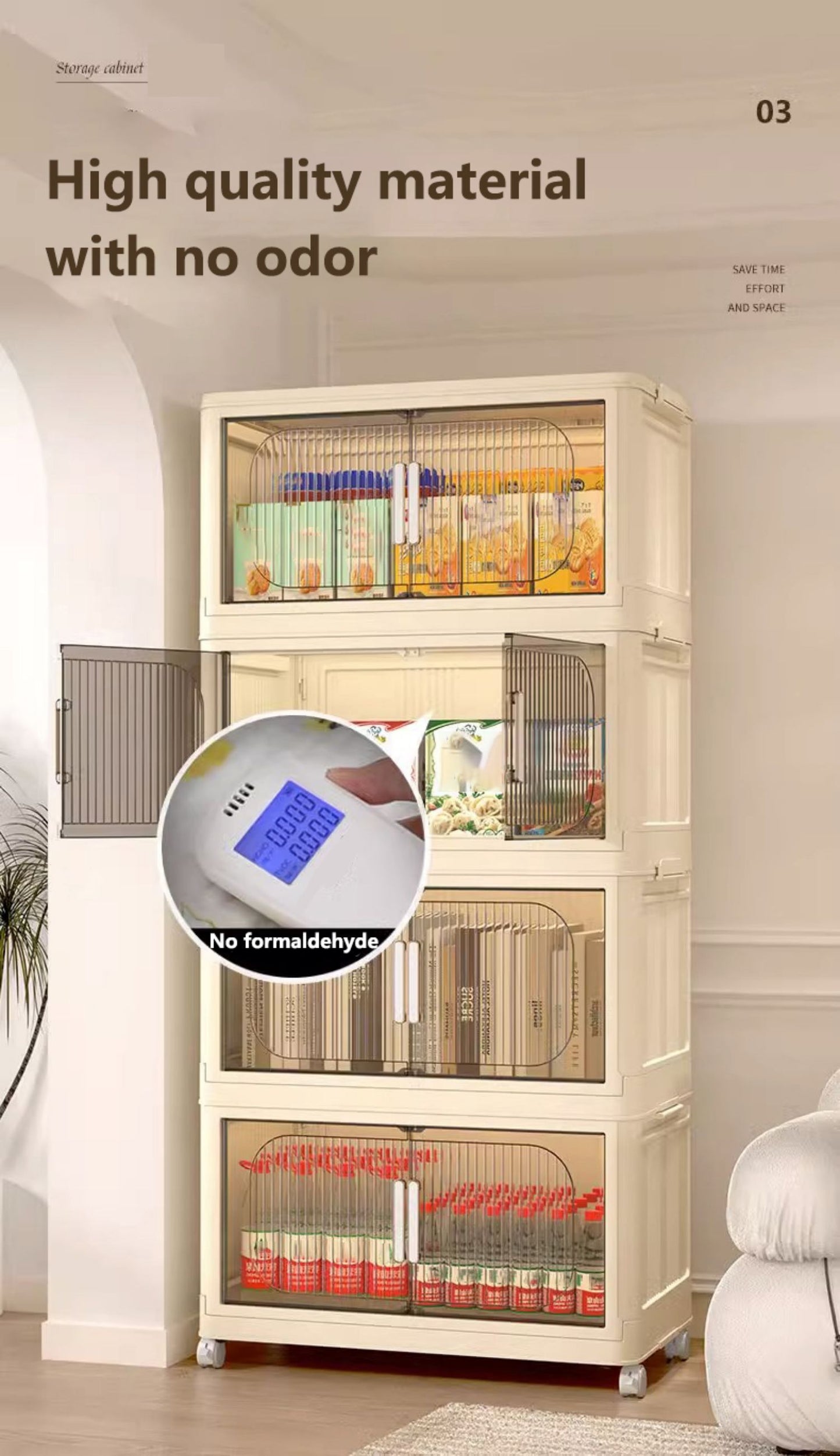 Modern Folding Closet Cabinet with Wheels, 3-Tier
