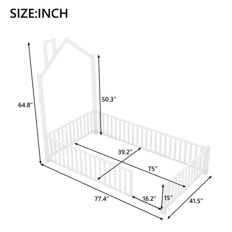 Playhouse Twin Metal Bed for Kids with Guardrail & Chimney