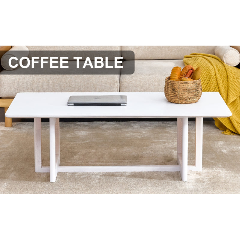 Asian-Style White Solid Wood Coffee Table, Faux Rattan Legs
