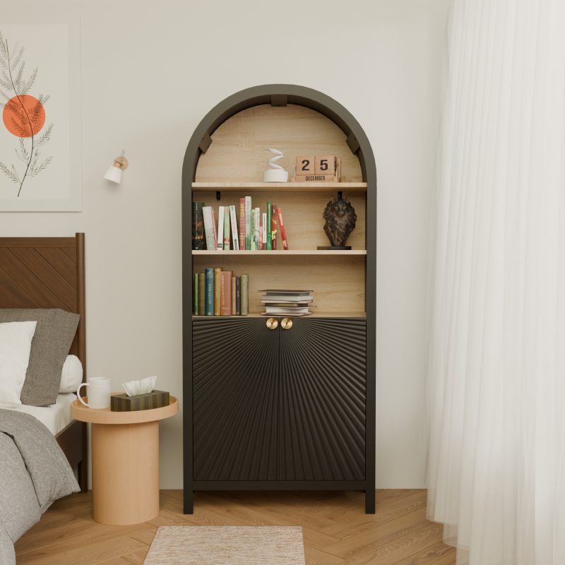Mid-Century Tall Arched Bookcase with Door for Living Room