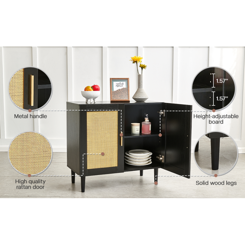 Modern Rattan Sideboard for Living Room, Adjustable Shelves