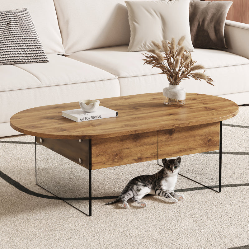 Natural Oval Coffee Table, Living Room, Glass Sides, Drawers