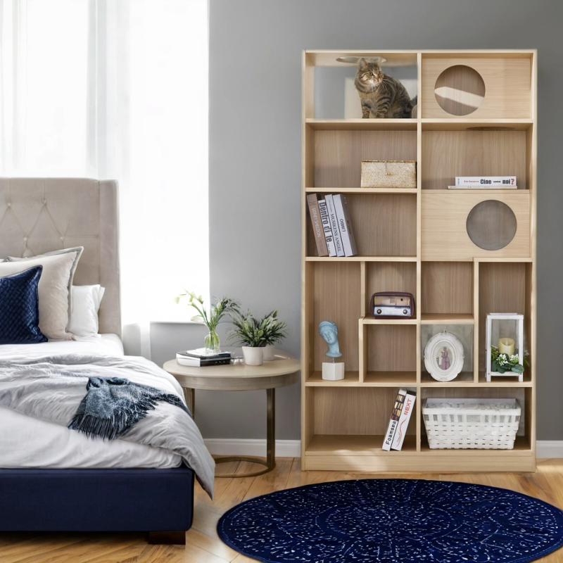 Modern Cat House Bookcase for Living Room Hidden Litter Box