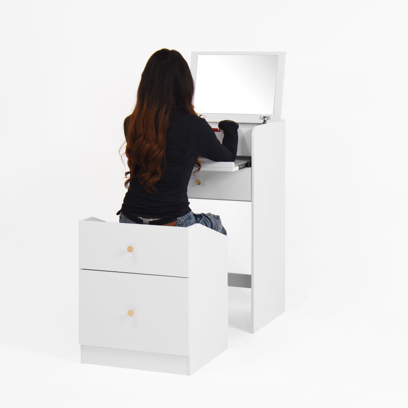 Compact Modern White Vanity Desk, Mirror & Chair for Bedroom