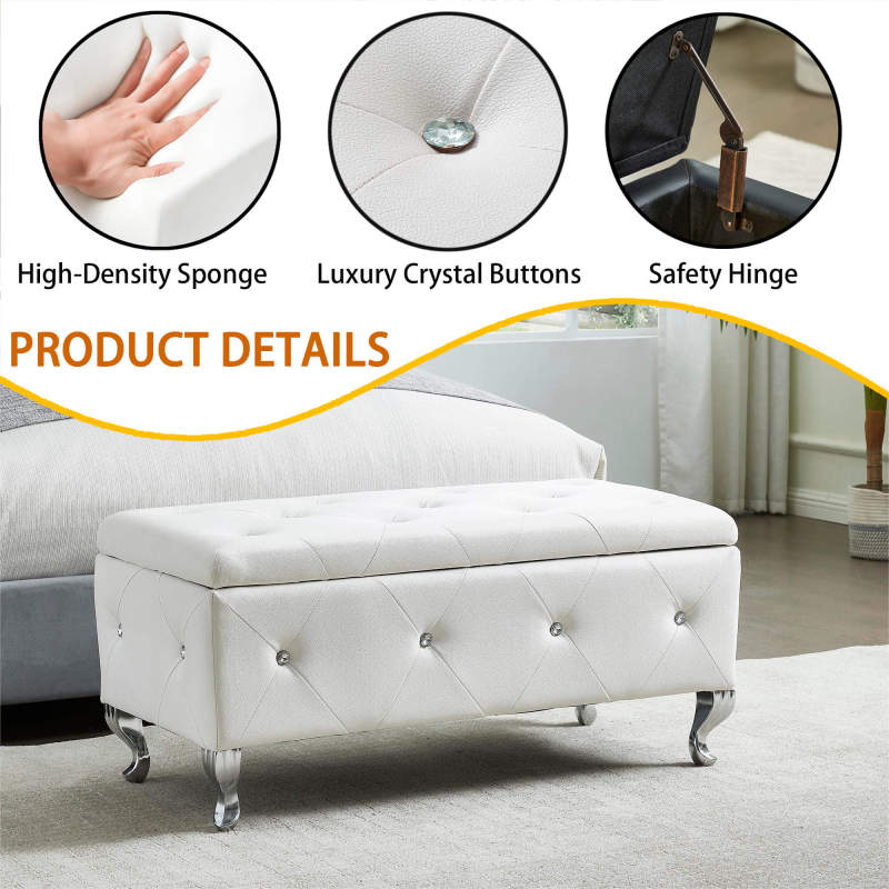 Glam Storage Ottoman Bench for End of Bed, Crystal-Tufted