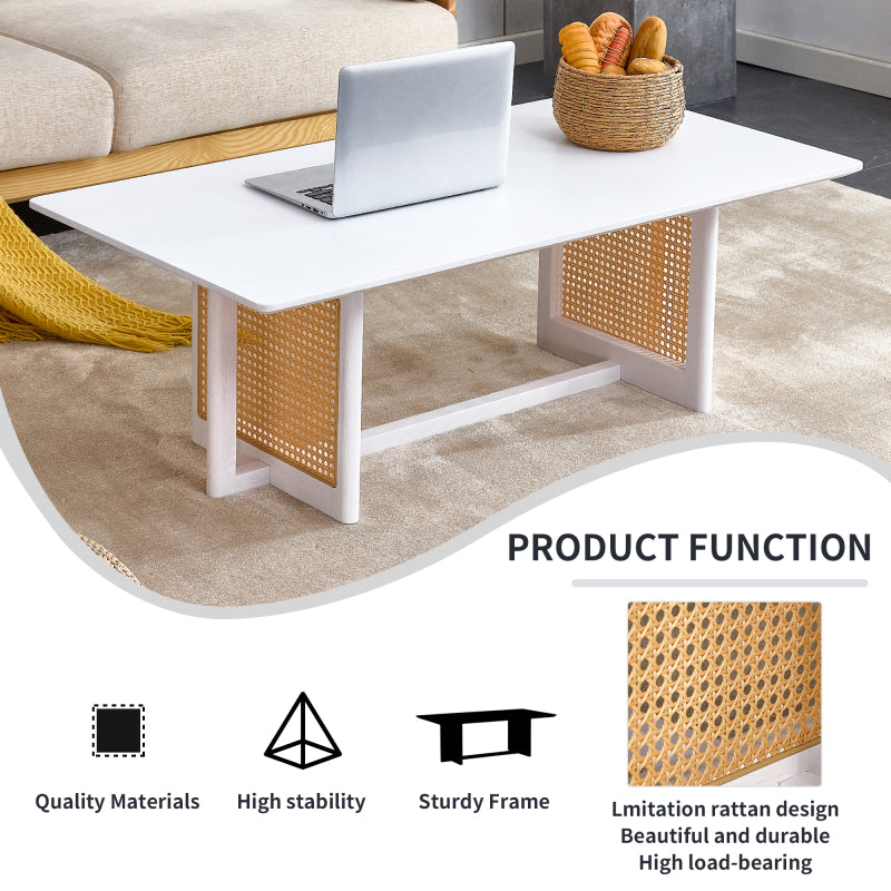 Asian-Style White Solid Wood Coffee Table, Faux Rattan Legs
