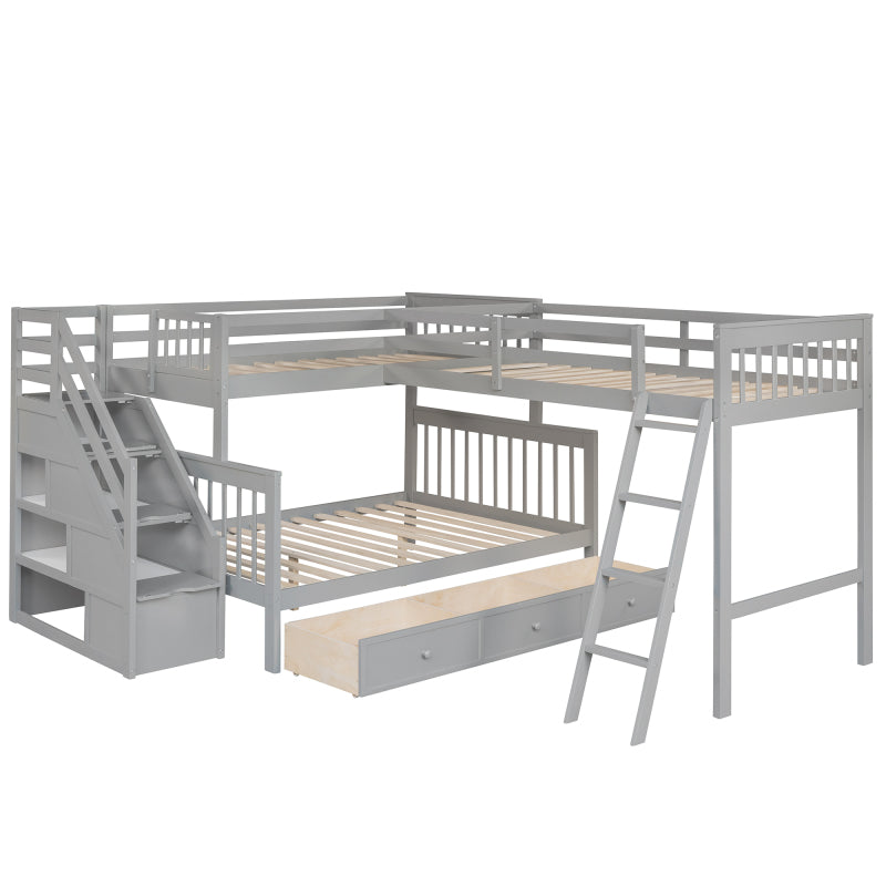 Modern L-Shaped Twin/Full Kids' Bunk with Stairs & Drawers