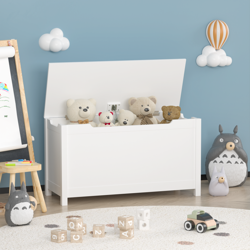 White Kids' Toy Box for Playroom with Safety Hinged Lid