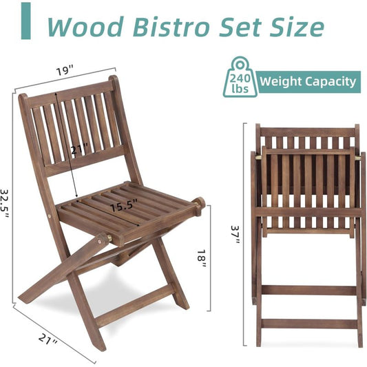 Natural Acacia 3-Pc Bistro Set for Patio & Balcony, Folding