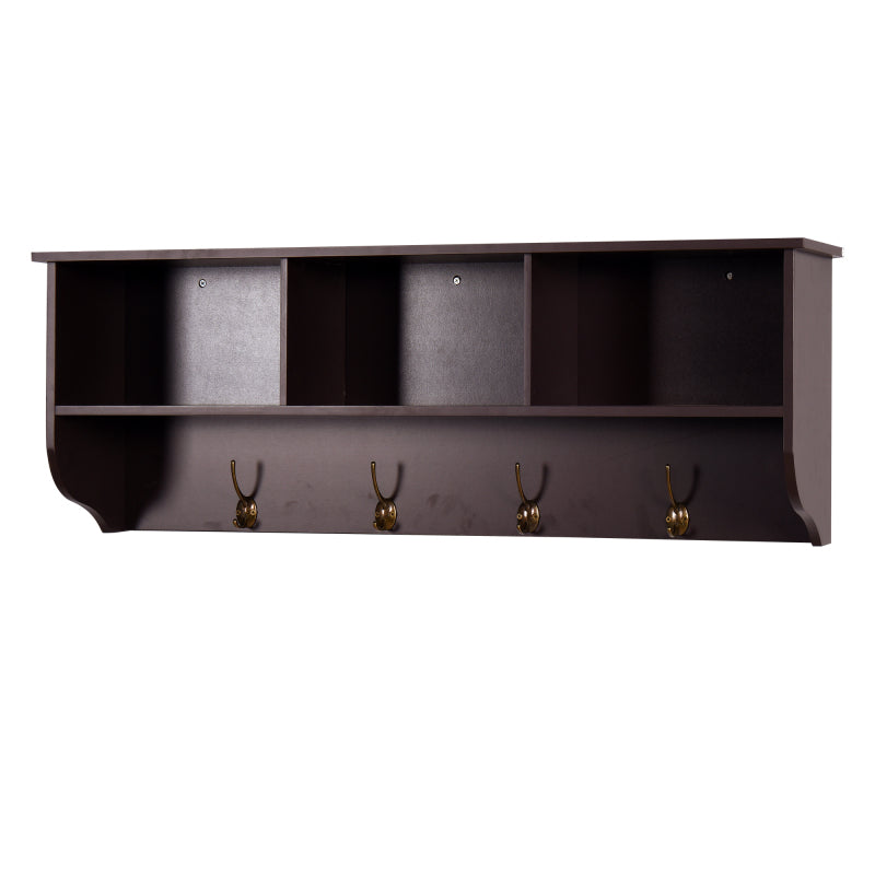 Espresso Wall-Mount Coat Rack Shelf, Entryway, 4 Dual Hooks