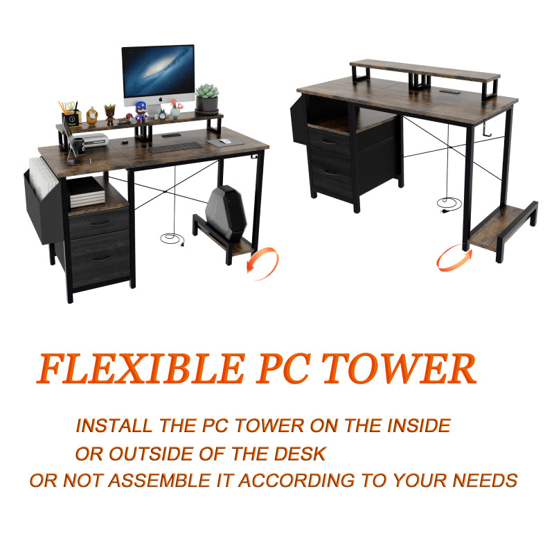 Rustic Brown Computer Desk for Home Office with Outlets