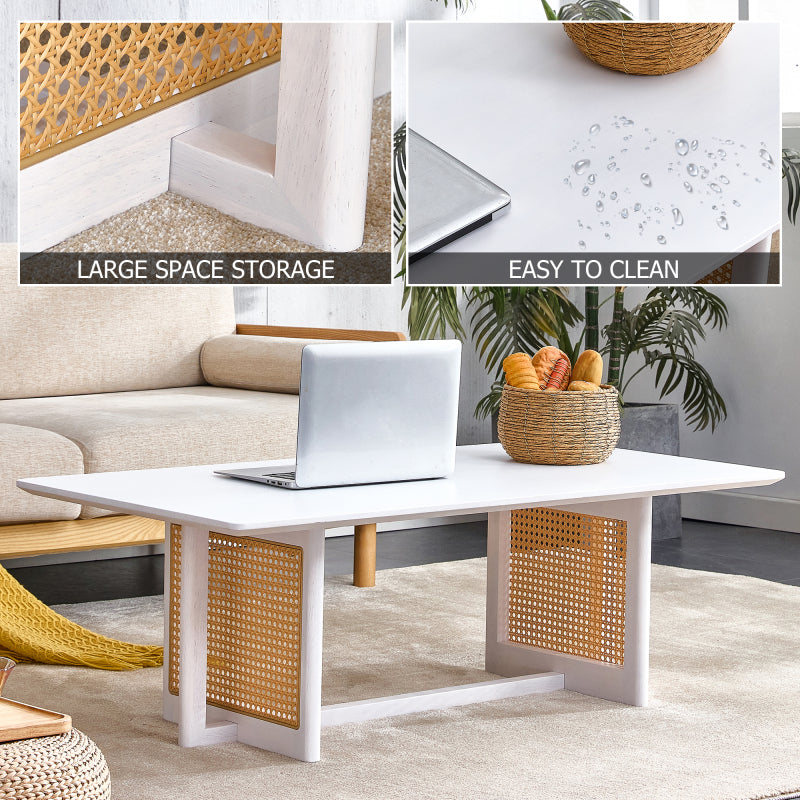 Asian-Style White Solid Wood Coffee Table, Faux Rattan Legs