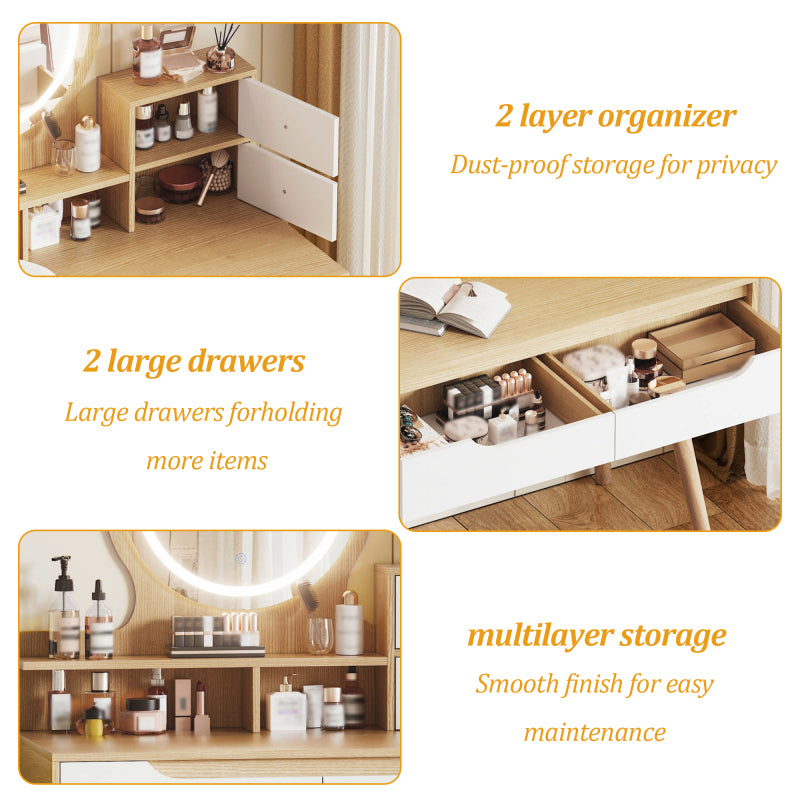 Modern Makeup Vanity for Small Bedrooms, Tri-Fold LED Mirror