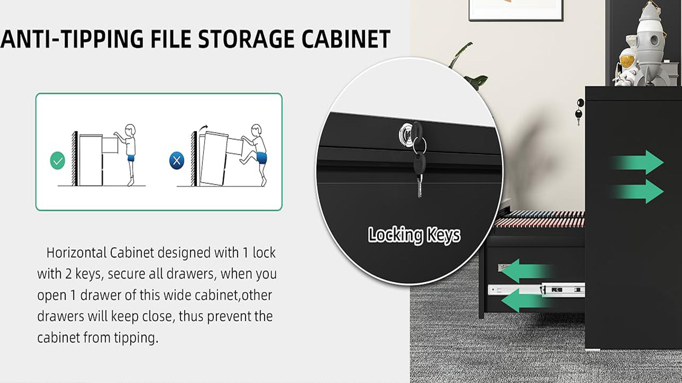 Sleek 3-Drawer Lateral File Cabinet for Home Office, Locking