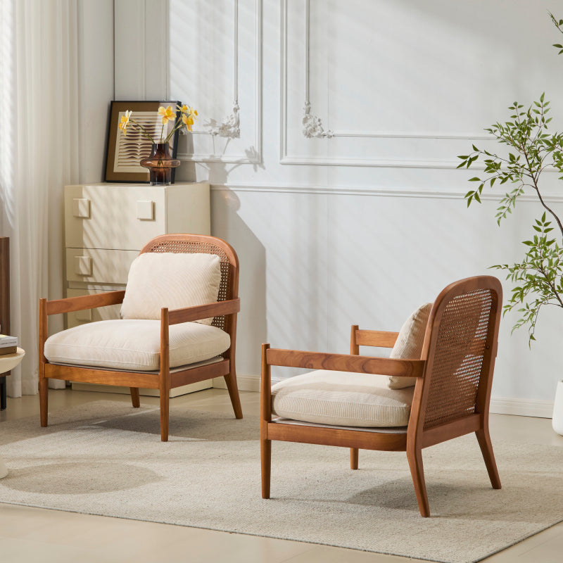Mid-Century Armchairs Set of 2 for Living Room, Rattan Back