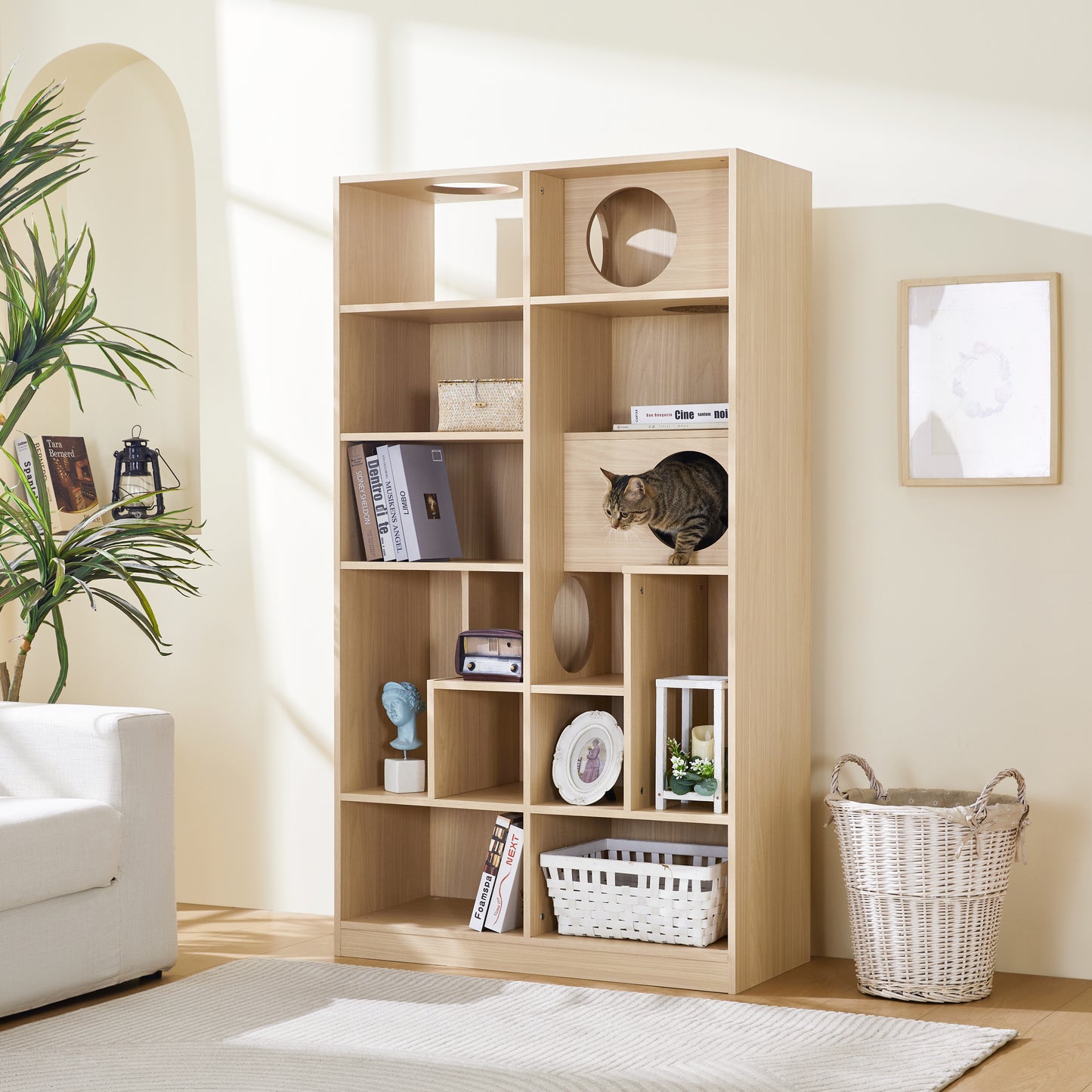 Modern Cat House Bookcase for Living Room Hidden Litter Box
