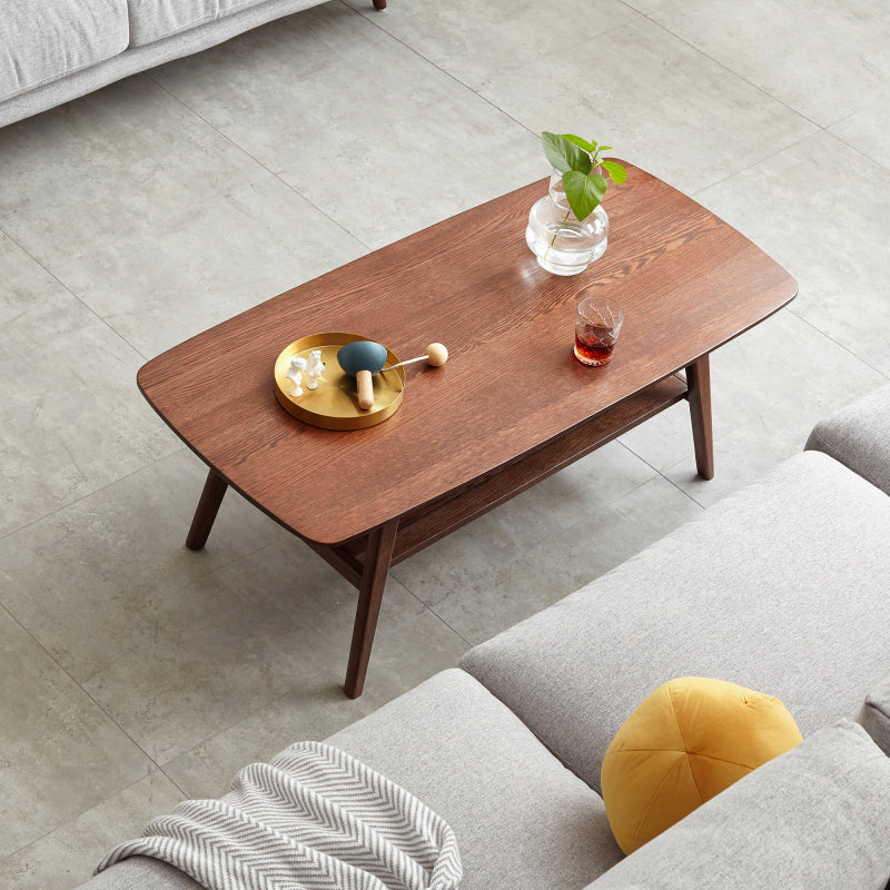 Modern Coffee Table for Living Room, Solid Oak Top & Shelf