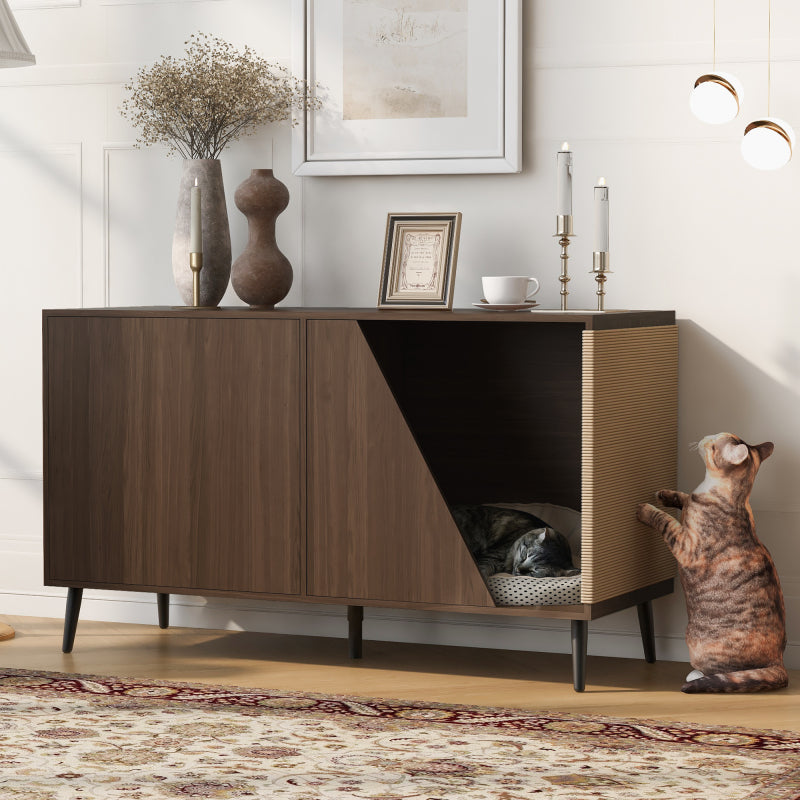Modern Walnut End Table for Living Room, Hidden Litter Box
