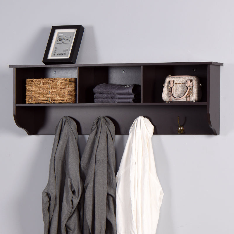 Espresso Wall-Mount Coat Rack Shelf, Entryway, 4 Dual Hooks