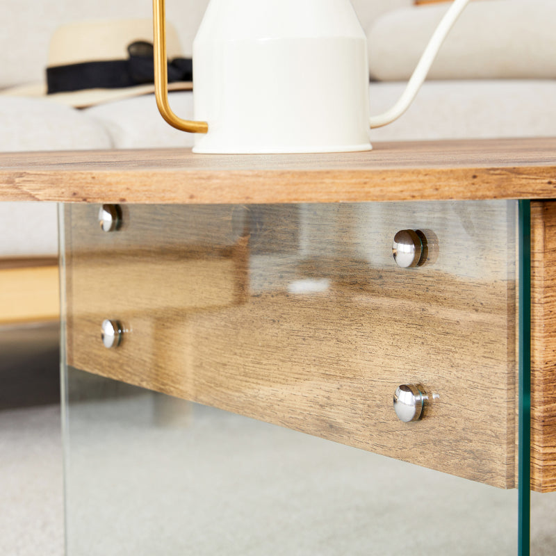 Natural Oval Coffee Table, Living Room, Glass Sides, Drawers