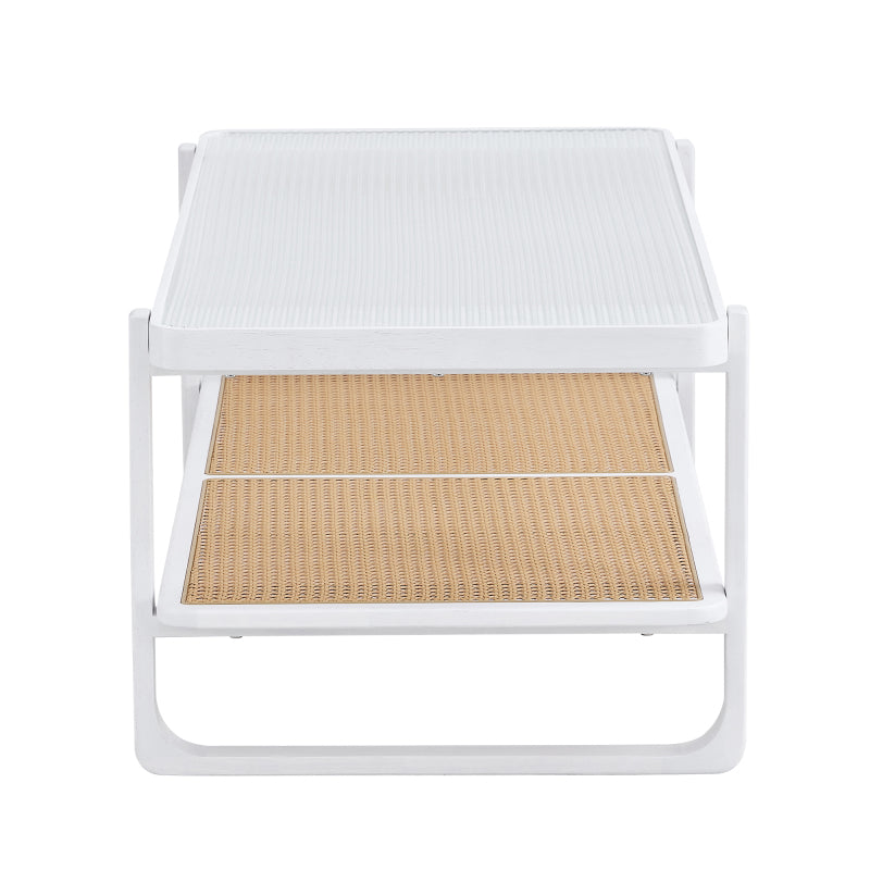 Modern White Coffee Table for Living Room, Glass Top, 2-Tier