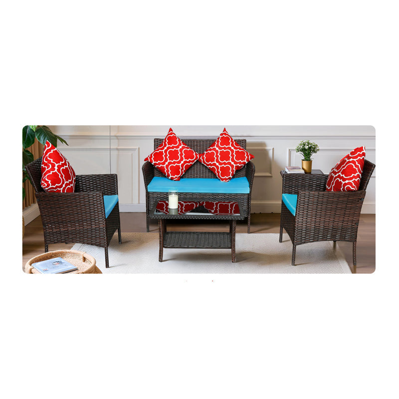 Modern Rattan 4-Piece Patio Sofa Set, Sapphire Blue Cushions