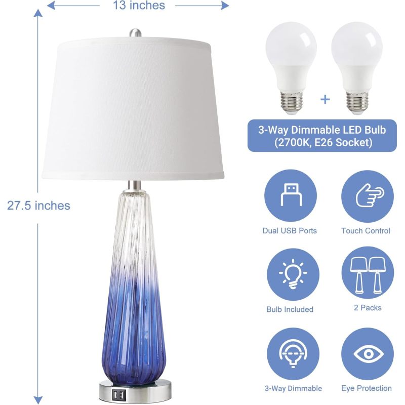 Modern Glass Bedside Lamps Set of 2 3-Way Touch & USB A+C