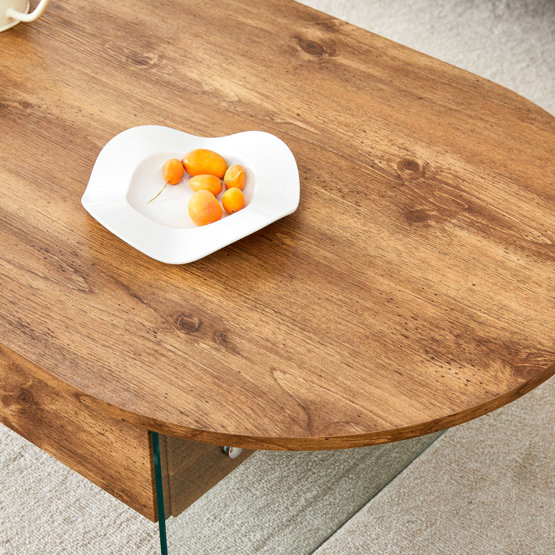 Natural Oval Coffee Table, Living Room, Glass Sides, Drawers