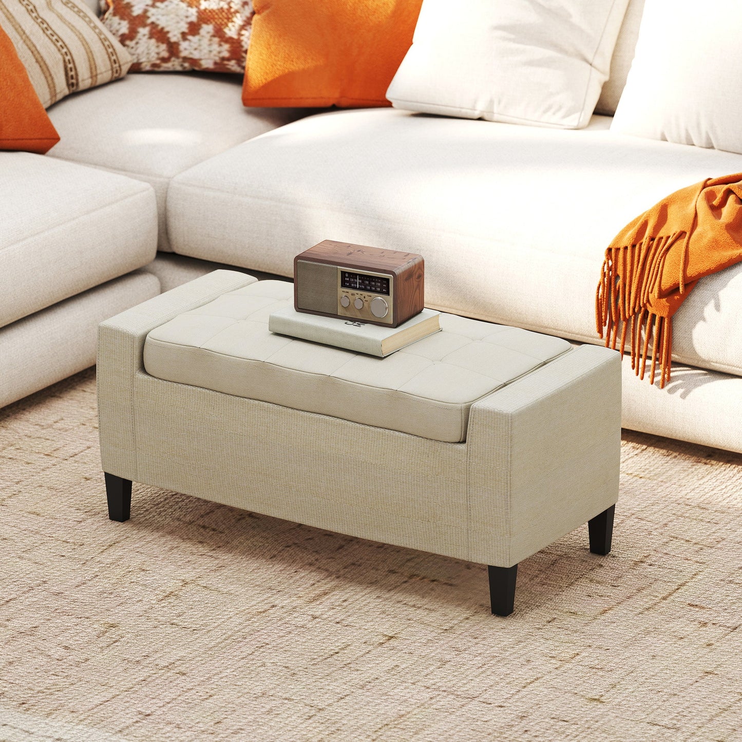 HOMCOM Linen Ottoman Bench for Entryway, Lift-Top Storage