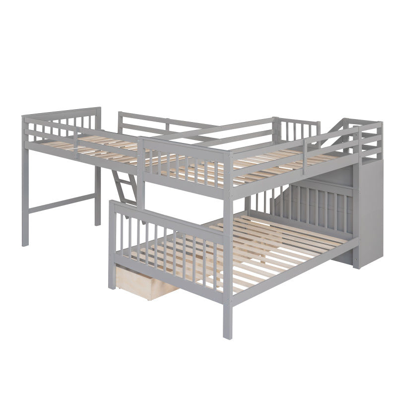 Modern L-Shaped Twin/Full Kids' Bunk with Stairs & Drawers