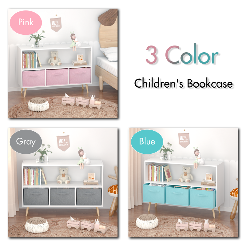 Modern Kids Bookcase for Playroom w/ Collapsible Fabric Bins