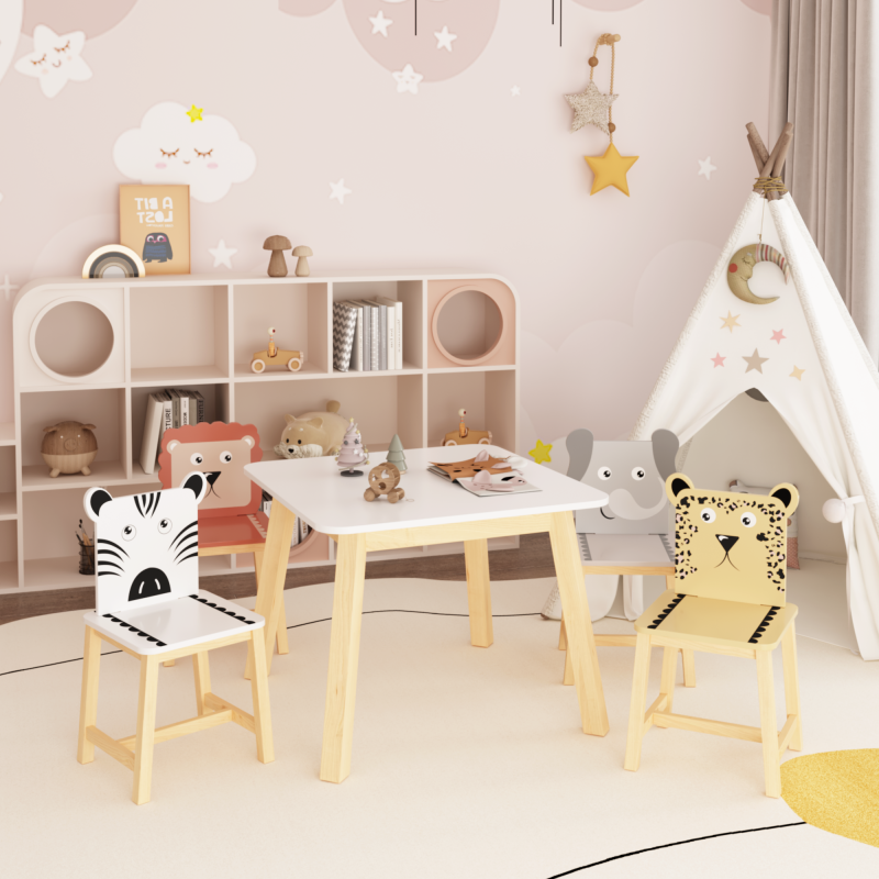 Playful Playroom Kids Table & 4 Animal Chairs, Spacious Top