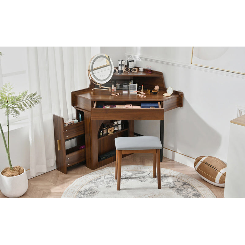Modern Walnut Corner Vanity Set for Small Spaces, LED Mirror
