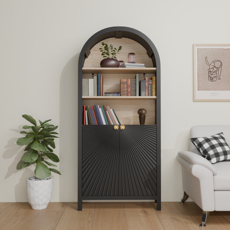 Mid-Century Tall Arched Bookcase with Door for Living Room