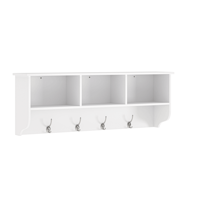 White Wall Coat Rack for Entryway, Shelf & 4 Dual Hooks