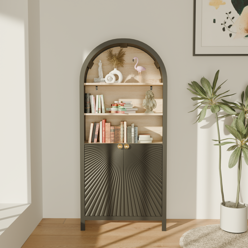 Mid-Century Tall Arched Bookcase with Door for Living Room