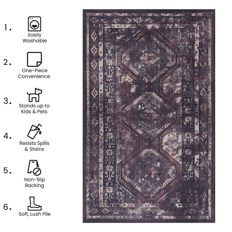 NAAR MAVAL Washable 2x3 Entryway Doormat, Black/Burgundy