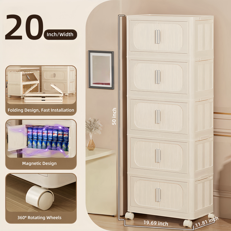Cream White Folding Storage Cabinet on Wheels for Entryway