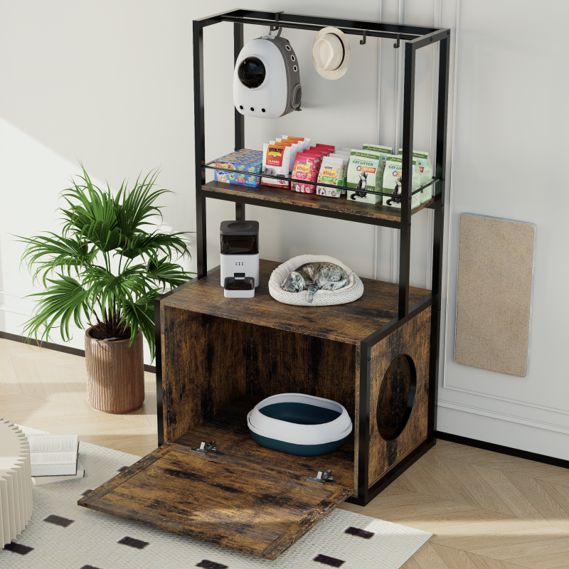Rustic Brown Litter Box Cabinet for Home with Shelves & Rods
