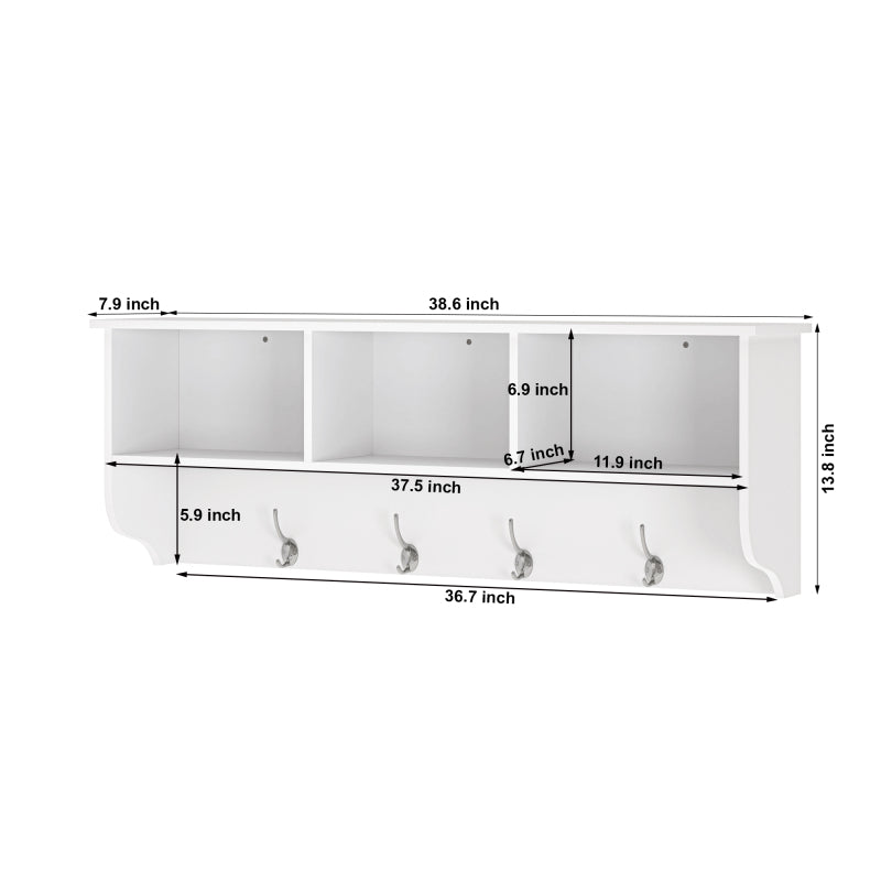 White Wall Coat Rack for Entryway, Shelf & 4 Dual Hooks