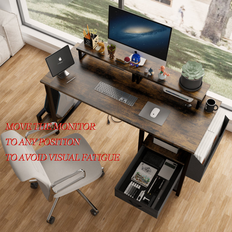 Rustic Brown Computer Desk for Home Office with Outlets