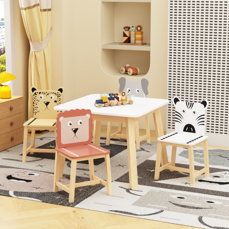 Playful Playroom Kids Table & 4 Animal Chairs, Spacious Top