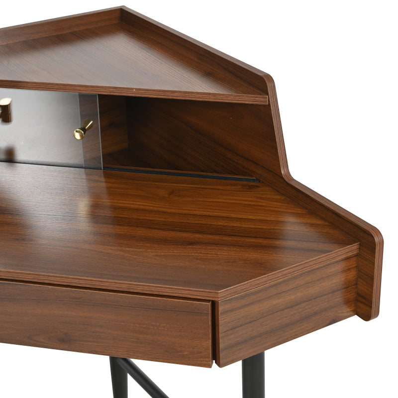 Modern Walnut Corner Vanity Set for Small Spaces, LED Mirror