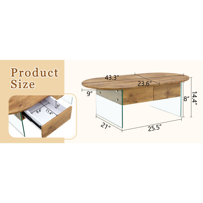 Natural Oval Coffee Table, Living Room, Glass Sides, Drawers