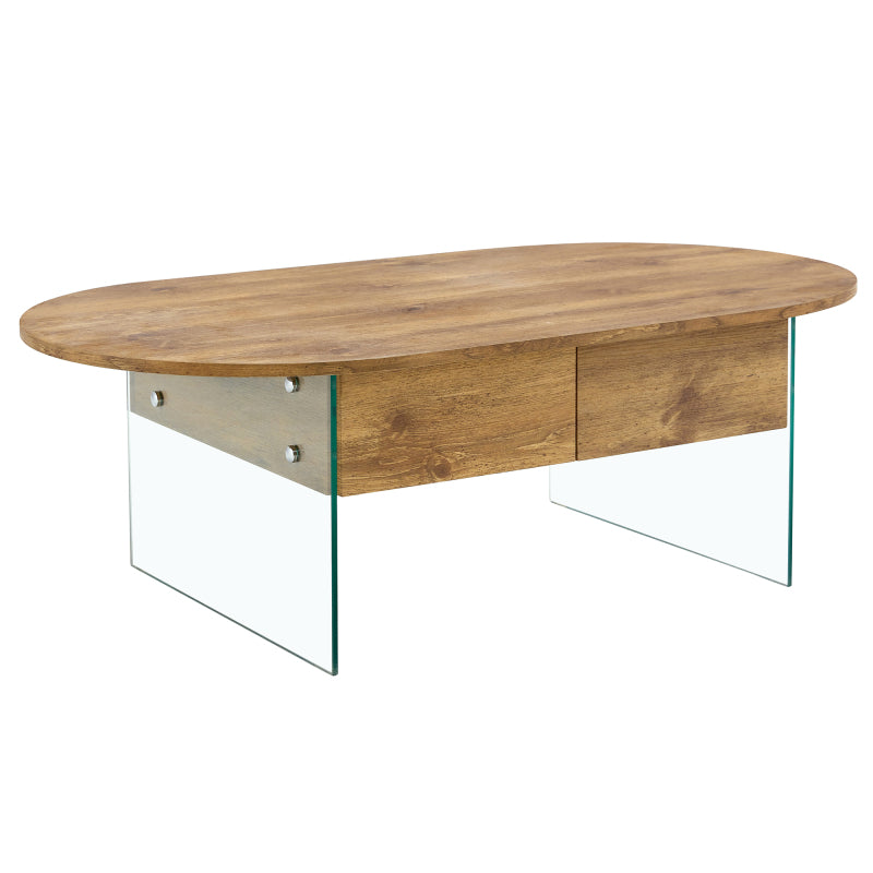 Natural Oval Coffee Table, Living Room, Glass Sides, Drawers